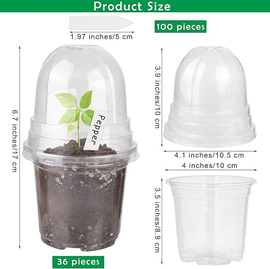 36 Packs 4 Inch Plant Nursery Pots with Humidity Dome Plastic Planters Gardening Flower Plant Pots Seed Starting Pots with Plant Labels for Seedling Indoor Outdoor Garden, Transparent