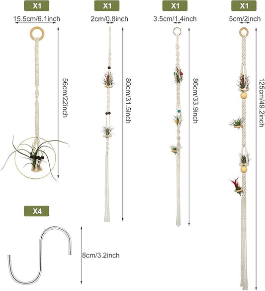 Tatuo 4 Pieces Hanging Air Plant Holders Boho Macrame Plant Hanger Fabric Woven Air Fern Display with 4 Pieces Hooks for Home Decoration Gift Idea