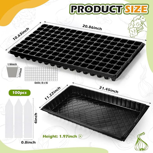 Yinder 20 Pcs Seed Starting Trays with Dome 128 Cells Plug Trays and 1020 No Holes Flat Tray with 100 Pcs Tags Seed Starter Kit for Nursery Germination Plant Propagation