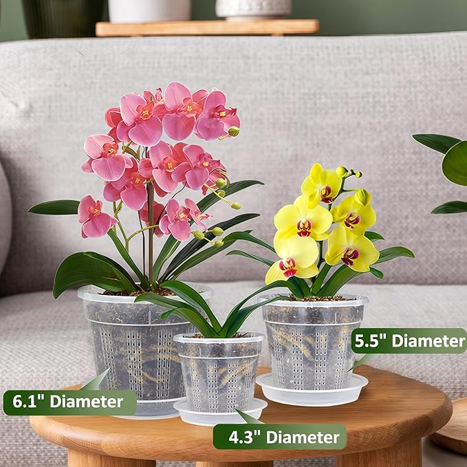 Orchid Pot with Saucers, 6 Pack 5.5" Orchid Pots with Holes and 10Pcs Plant Stakes, Clear Plastic Flower Plant Pot for Indoor Outdoor Plants(6 Pack 5.5"+ Saucers)