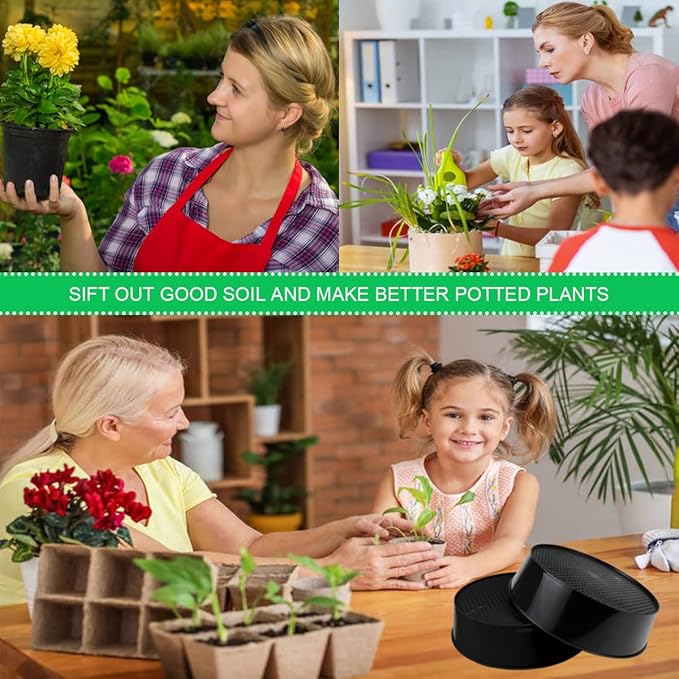 2 Pcs Round Garden Soil Sieve Pan with Handle Sand Sifter Set for Sieve Work of Small Gravel, Soil, Sand(Black)