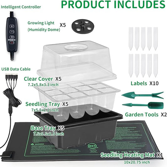NAMOTEK 5 Pack Seed Starter Tray with Heat Mat and Grow Light Humidity Domes, 60 Cell Trays Germination Station Cloning Kit
