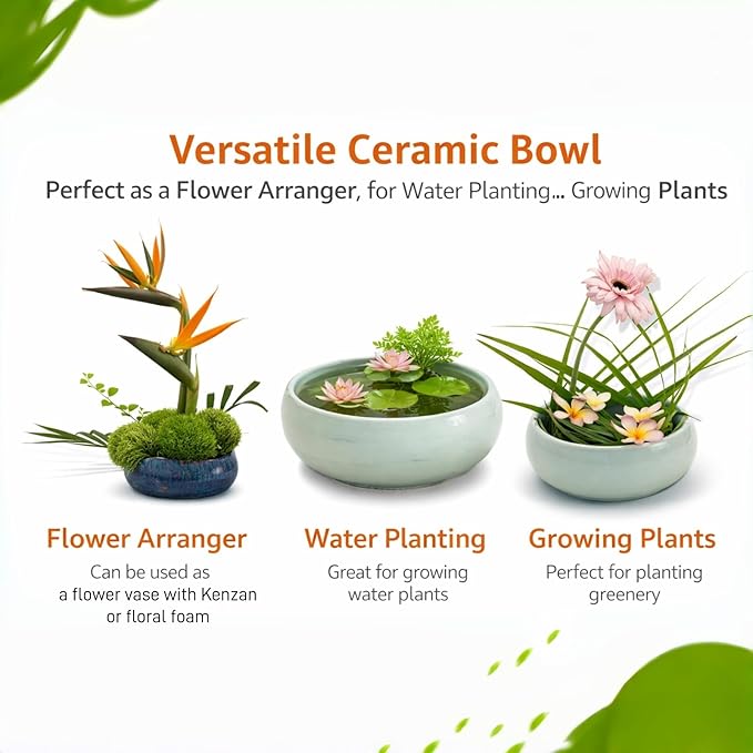 Water Lotus Bowl Planter Kit - Japanese Compote Bowl Ikebana Vase Set w/ 1.8" Floral Frog- Ideal for Ikebana, Flower Arrangement & Hydroponic Planting (Blue)