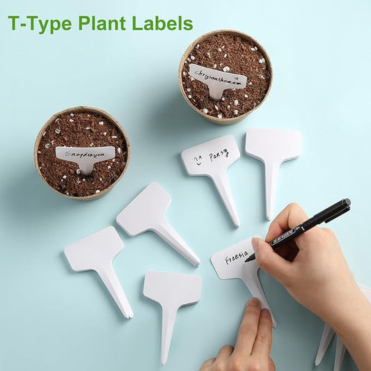 200 Pcs Plant Labels T-Shape, 4 Inch Plastic Potted Plant Name Tags, Seedlings Seed Label Markers Nursery Plant Stake Tag with Bonus Marking Pen for Outdoor Indoor Garden Patio Flower Vegetable, White