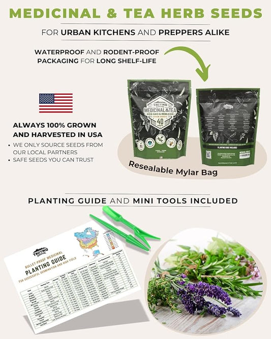 Tactiko Survival 40 Medicinal & Tea Herb Seeds Variety Pack, Indoor & Outdoor Herbal Garden Kit, USA Grown Heirloom Non-GMO, Herbal Seeds for Teas, Resealable Mylar Bag for Long-Term Storage