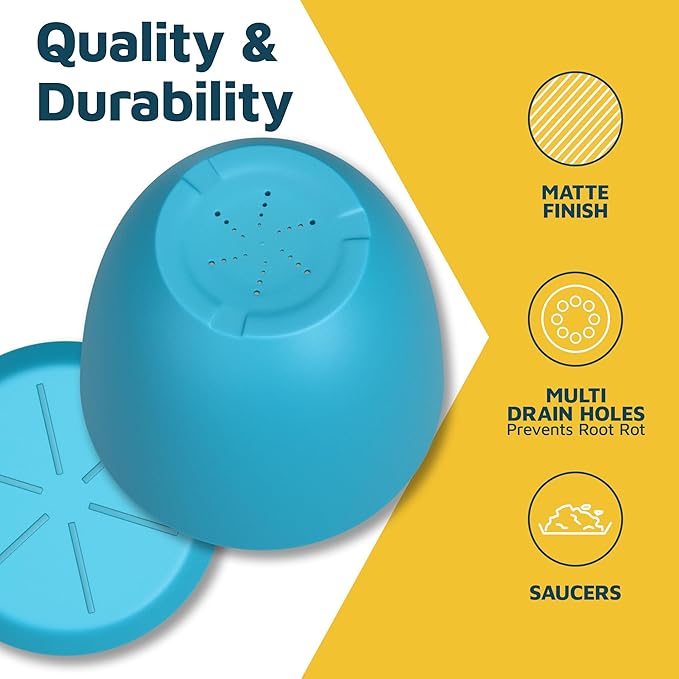 Blue Plant Pots with Drainage Holes & Saucers 20 Pack, Indoor & Outdoor Stackable Space-Saving Planters for Houseplants & Flowers, (7", 6.7", 6", 5.3", and 4.8" Inches), Durable & Weatherproof