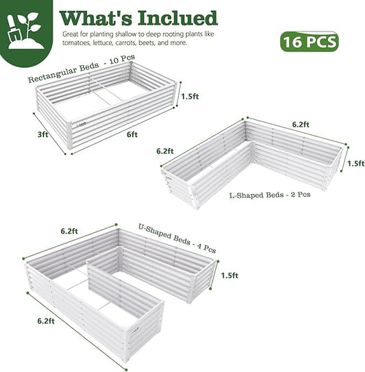 A ANLEOLIFE 16-Piece 18 Inch Tall Galvanized Raised Garden Beds Kit, Rectangular,U-Shaped & L Shaped Metal Planters – Ideal for Backyard Structured Garden Layouts, Antique White