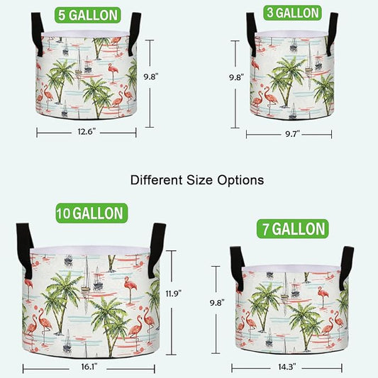 10 Gallon Flamingo Tropical Palm Trees Heavy Duty Grow Bag Breathable Planter Pot Containers with Handles for Potato Tomato Fruits Vegetables Flowers