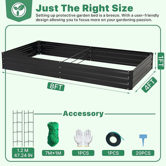 ONCEMORE Galvanized Raised Garden Bed for Vegetables Flowers Herbs, Metal Raised Garden Bed Kit with 2 PCS Tomato Cage, Gloves, Trellis Netting, Plant Labels, Plant Ties, Black 8×4×1FT