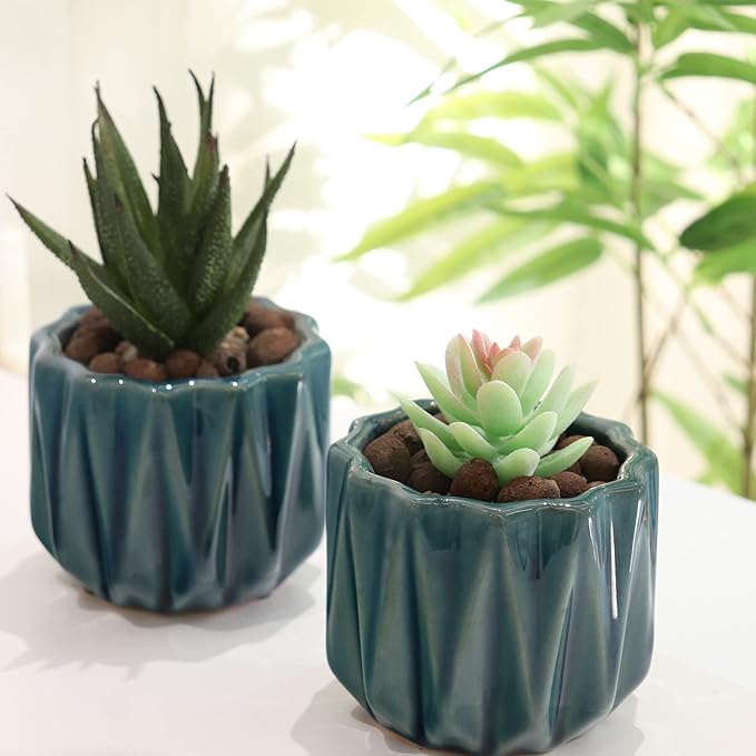 Plant Pot 4 Inch Ceramic Pots, Set of 2 Flower Pots Crackle Glaze Small Planters Pots with Drainage Hole and Mesh Pads for Indoor Outdoor Gardern Pots Succulent, Cactus, Herbs (Green)