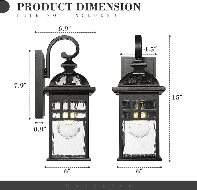 Emliviar 2 Pack Outdoor Wall Lanterns, 15" Modern Wall Mount Lamps for House, Black Finish with Water Ripple Glass, DE281B-2PK BK-WP