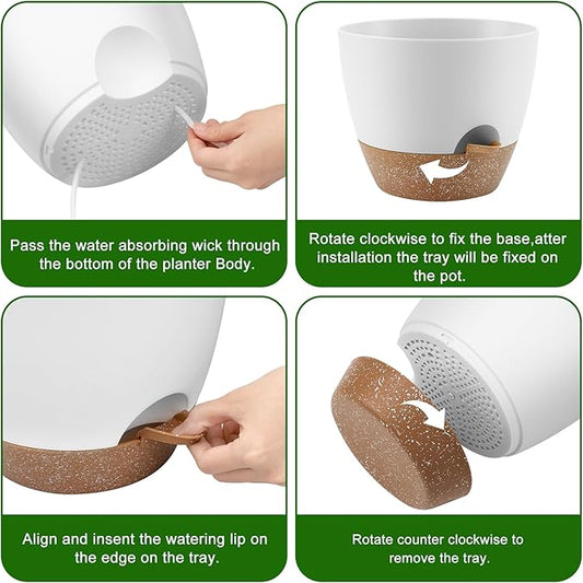 Plant Pots 10/9/8 Inch Self Watering Pots, Set of 3 Plastic Planters with Drainage Holes and Saucers,Plastic Flower Pots,Nursery Planting Pot for Indoor Out Door Plants(White)