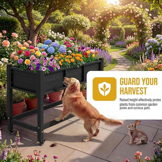 DWVO 47x18x31in Raised Garden Bed HDPE, Weather-Resistant Poly Wood Planter Box Stand, Planter Box with Legs & Lockable Wheels, Elevated Garden Bed for Backyard Patio Balcony - Black