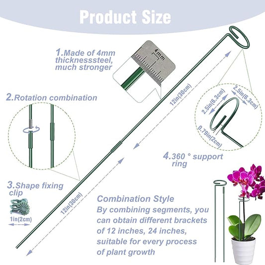 4.5mm Adjustable Length Plant Stake, Assembled (12 or 24 inch) Outdoor and Indoor Plant Support Poles for Flowers Marigolds Tomatoes Lilies Peonies Roses Daffodils Flower Clips (12 Sets, 36 Pcs)