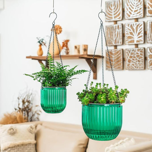 Melphoe 2 Pack Self Watering Hanging Planters Indoor Flower Pots, 5.3/8.3 Inch Outdoor Hanging Basket, Plant Hanger with 3Hooks Drainage Holes for Garden Home (Emerald)