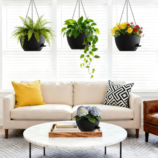 Set of 3-10 Inch Self Watering Hanging Planters for Indoor & Outdoor,Hanging Plant Pots with Drainage & Removable Tray, Hanging Pots Holder for Ivy, Spider Plants, Ferns, Balcony & Patio, Black