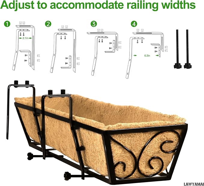 4pcs 24 Inch Window Deck with Coco Liner, 24" Window Boxes Horse Trough with Coconut Coir Liner, Metal Hanging Flower Planter Window Basket Deck Railing Planter Boxes for Outdoor Indoor Lawn