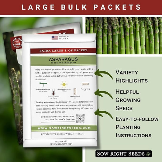 Sow Right Seeds - Bulk Mary Washington Asparagus Seeds for Planting - 1 Ounce, 1600 Seeds - Non-GMO HeirloomJumbo Pack with Instructions to Plant a Home Vegetable Garden - Grow Asparagus for Years