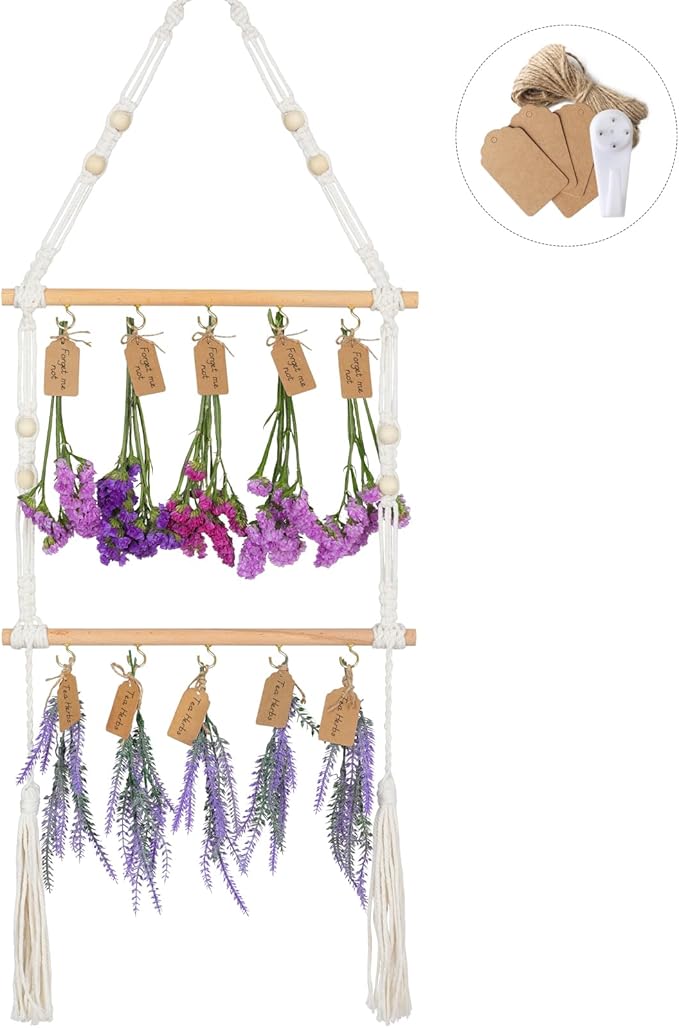 2-Tier Hanging Herb Drying Rack – Includes 30 Brown Gift Tags & 32ft Natural Jute Twine – Handwoven Boho Style Plant Hanger for Drying Herbs, Flowers, Sage – 37" Tall, Home Décor & Gift Idea