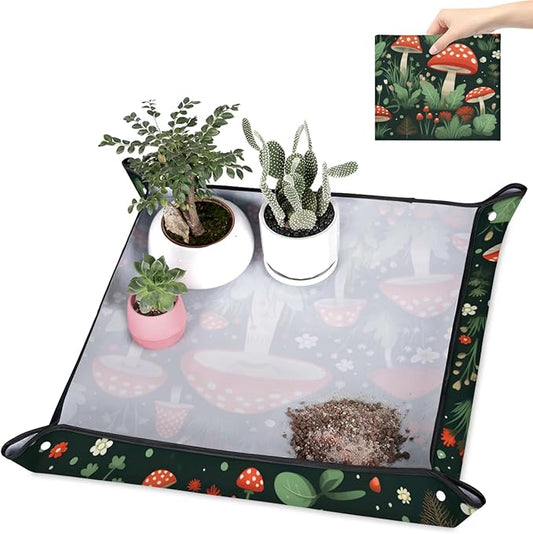 Repotting Mat for Indoor Plant 19.7"x19.7" Flowers Mushrooms Soil Change Mat Waterproof Planting Tray Colorful Mushrooms Foldable Succulent Potting Mat Gardening Gifts for Women Men Plant Lovers