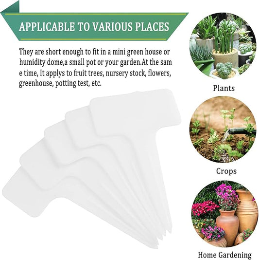 Whaline 100 Pcs Plastic Plant Labels White T-Type Garden Stake Tags Waterproof Plant Markers Reusable Plant Signs for Outdoor Indoor Nursery Potted Plants Seed with A Black Marker Pen (6 x 10 cm)