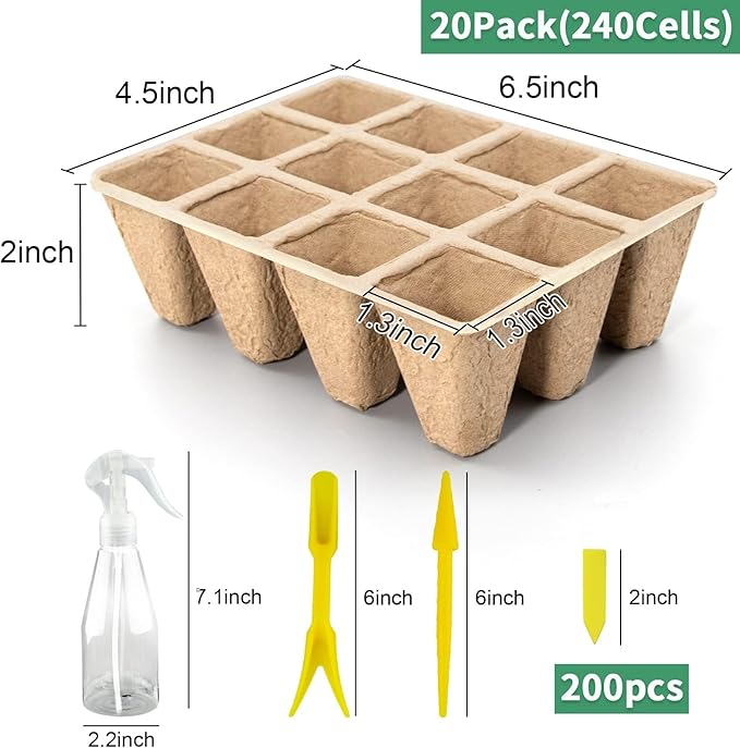 SYITCUN 240 Cells Seed Starter Tray, 20 Pack Seed Starter Kit for Planting Seeds, Biodegradable Peat Pots, Value Germination Kit with 200 Plant Labels, 2 Transplanting Tools, 1 Spray Bottle