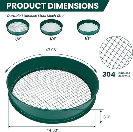 Soil Sifter, 3PCS Soil Sifter Set for Gardening, Stainless Steel Sifter(1/2", 1/4", and 1/8")