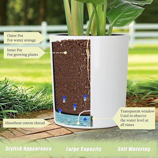 SAROSORA Large Round Self Watering Planter Pot 12.5'' for Home Garden Patio Tall Tree