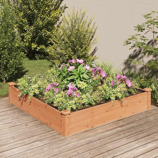 vidaXL Solid Fir Wood Raised Garden Bed with Liner - Outdoor Square Planter for Vegetables, Herbs, Flowers - 47.2x47.2x9.8 - Brown