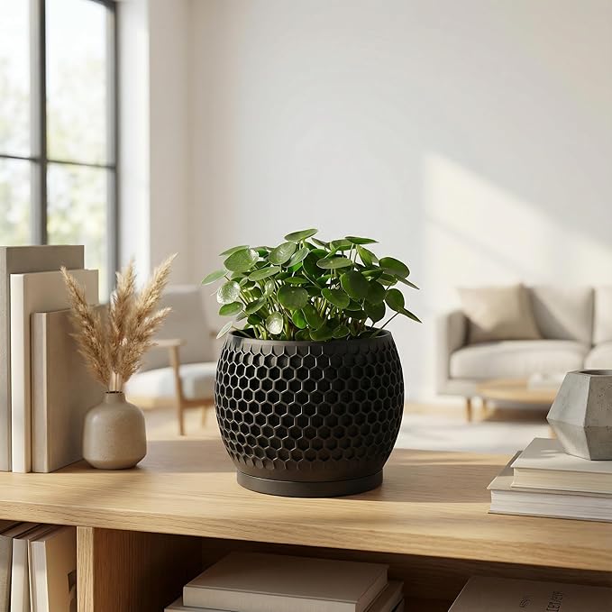 Plant Pots, Modern 3D Printed Honeycomb Planters for Indoor Plants, 4.7 Inch Matte Black Decorative Flower Pot for Office Desktop, Bookshelf & Home Decor, Lightweight & Durable.