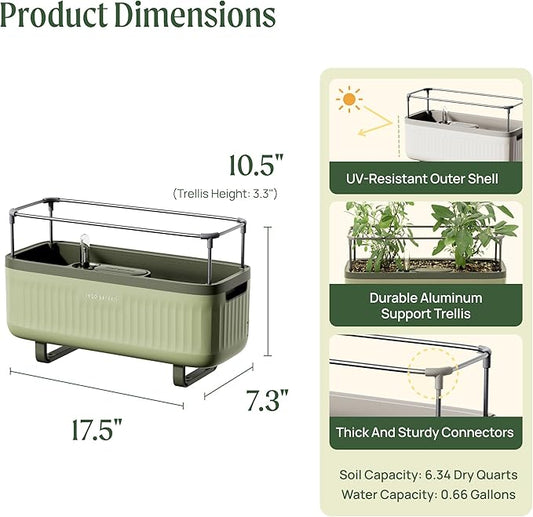 Vego garden Herb Indoor Plant Box, Self Watering Planters Pots for Indoor Plants with Trellis for Kitchen Window Sill or Countertop Plants Cage - Sage Green