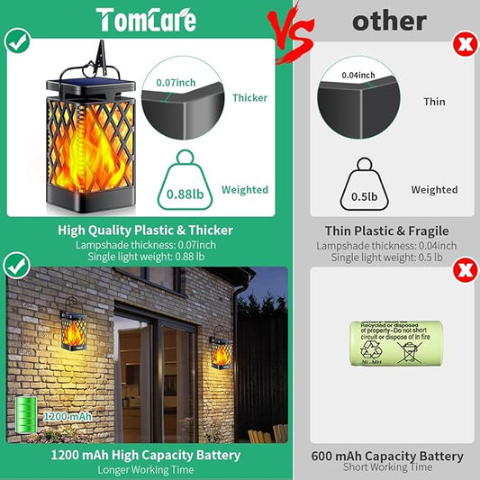 TomCare Solar Lights Outdoor Flickering Flame Solar Lantern Outdoor Waterproof Hanging Lanterns Decorative Lighting LED Flame Lights for Patio Garden, Black 4 Pack