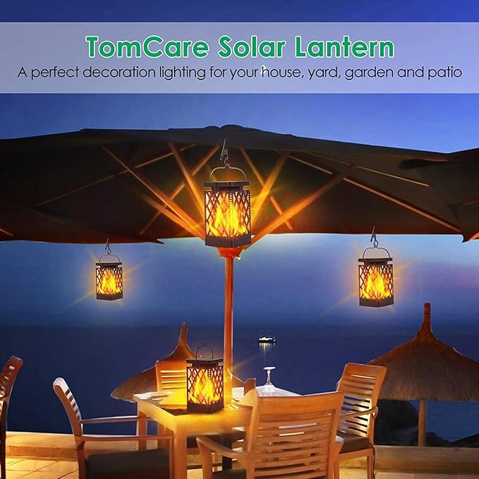 TomCare Solar Lights Outdoor Flickering Flame Solar Lantern Outdoor Waterproof Hanging Lanterns Decorative Lighting LED Flame Lights for Patio Garden, Black 4 Pack