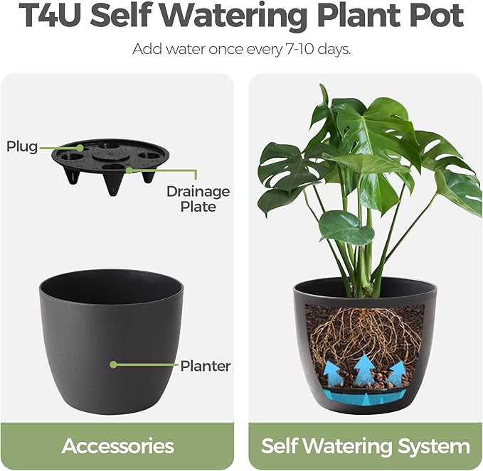 T4U 7 Inch Self Watering Planters Plastic Plant Pot, Modern Decorative Flower Pot/Window Box for All House Plants, Flowers, Herbs, African Violets, Succulents - Black, Set of 6