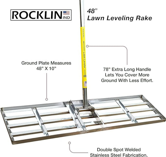 Rocklin™ Lawn Leveling Rake |Stainless Steel Surface Leveling Tool | Level Soil or Dirt Ground Surfaces Easily | 48” x 10” Ground Plate | 78” Extra Long Handle