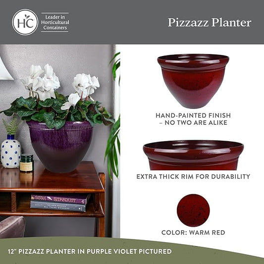 The HC Companies 20 Inch Pizzazz Round Planter Pots with Ceramic Look, Lightweight UV-Resistant Plastic Indoor & Outdoor Planters, 2-Pack Flower Pots for Garden & Home Decor, Warm Red