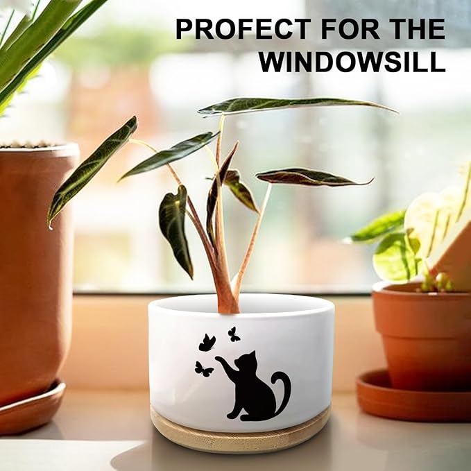 Funny Cute Cat Ceramic Planter Pot with Drainage Holes and Bamboo Tray Ideal for Succulent and Cactus Plants Decorative Indoor Home Office Gift for Cat Lovers and Plant Lovers (Plant Not Included)