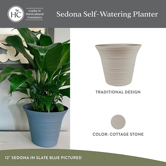 The HC Companies Sedona Round Self-Watering Pot - Lightweight Self Care Planter - Plastic Planter for Herbs & More - Durable Plant Pots for Indoor & Outdoor Plants (12" Cottage Stone, Pack of 1)