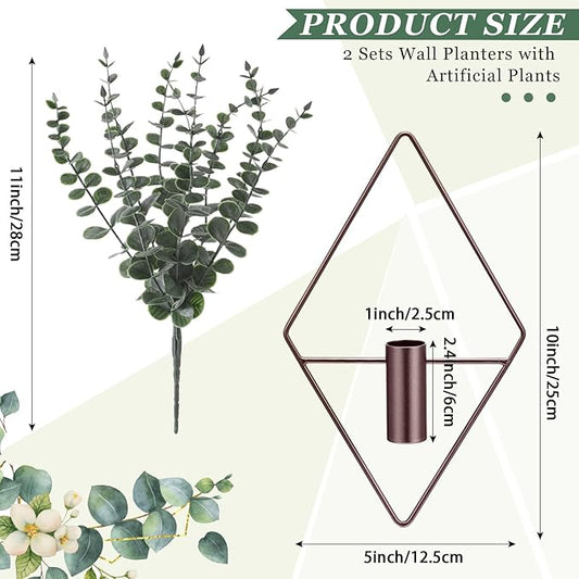 Jexine 4 Pcs Hanging Planters with Artificial Eucalyptus Metal Hanging Vase Indoor Plants Holder Modern Geometric Boho Bathroom Wall Decor for Living Room Home Office, Bronze