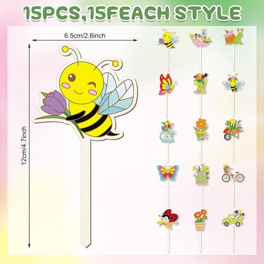15 Pcs Wooden Spring Plant Stakes Crafts Color Your Own Spring Sticks for Plant DIY Craft Kits Unfinished Wood Cutouts Butterfly Watering Can Snail Flower Shape for Gardener Gardening Gifts