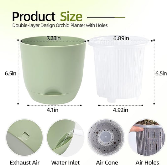 QCQHDU 2 Pack 7.2 Inch Orchid Pots with Holes for Repotting, Double-Layer and Self Watering Orchid Pot with Good Air Circulation