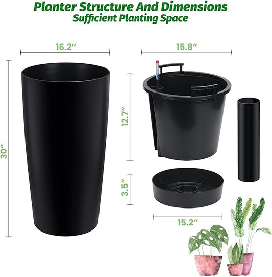 GarveeLife 30 in Tall Planters for Outdoor Plants Set of 2, Large Outdoor Planters for Front Porch Decor with Drainage Holes&Water Level Monitor &Inner Bucket, Automatic Watering, Black