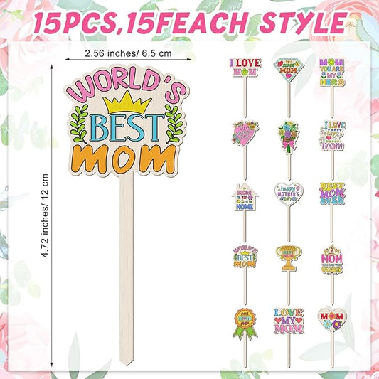 15 Pcs Mother's Day Crafts Mom Plant Stakes Craft Kits Color Your Own Best Mom Plant Labels Gift DIY Unfinished Cutouts Present Tags for Mother's Day, Gardeners, Funny Gardening Gifts