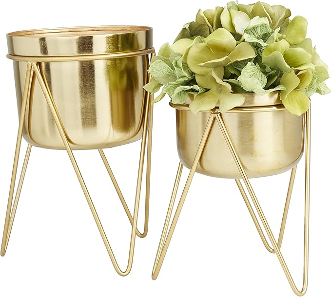 CosmoLiving by Cosmopolitan Metal Indoor Outdoor Planter Small Planter Pot with Removable Stand, Set of 2 Planters 7", 7"W, Gold