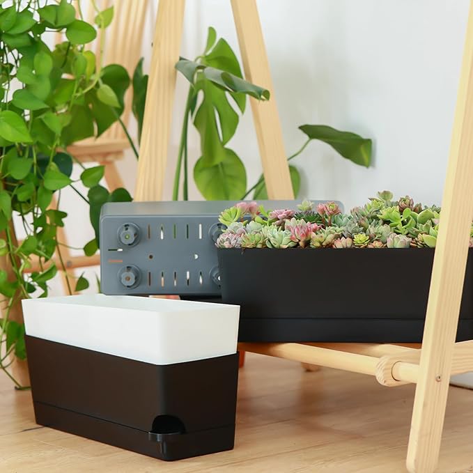 4 Pack Self Watering Pots for Indoor Plants 17 Inches Window Boxes Planters Rectangular Flower Pots Rectangle Herb Pots Large Plant Pots with Drainage Holes and Saucers Windowsill Planter, White