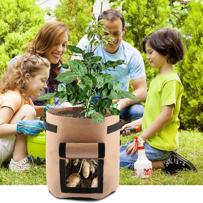 ELEOPTION Plant Grow Bags 7 Gallon 2PCS, Non-Woven Garden Potato Carrot Tomato Vegetable Planting Bag with Handles and Flap, Fabric Pots Heavy Duty Planter Bags (Brown)