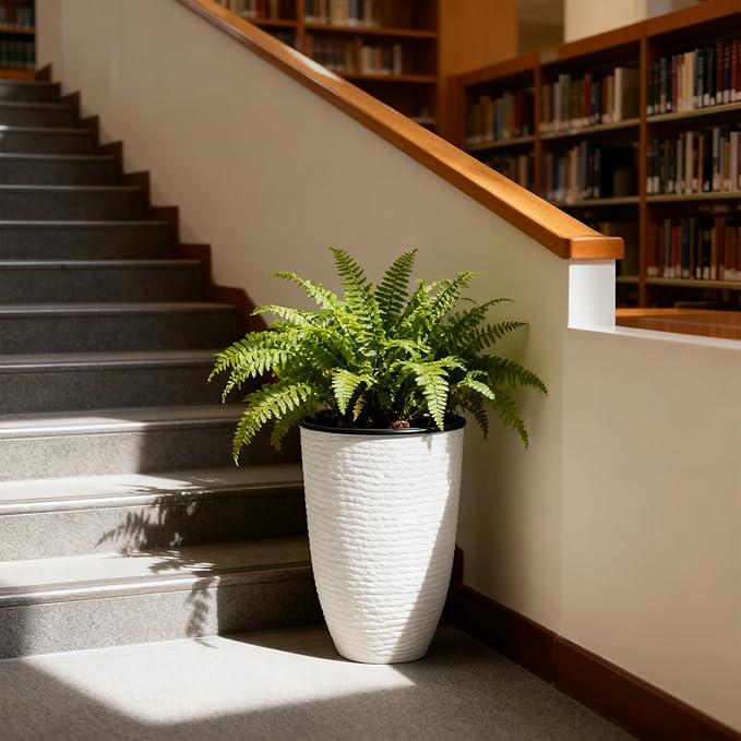 WORTH Garden 2-Pack 21" H. White Tall Planters with Inside Pots - 14'' Dia Plastic Large Round Plant Tree Pots - Decorative Imitation Stone Finish for Indoor Outdoor Front Porch Container Patio