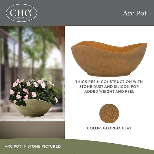 Classic Home and Garden Arc Unique Planter Bowl w/Drain Plug - UV Resistant Shallow Planter - Modern Plant Pot for Herbs (12.5” Georgia Clay)