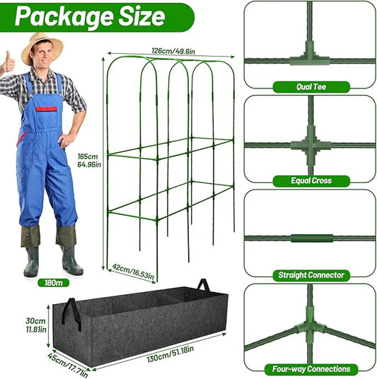 U-Shape Cucumber Trellis with Fabric Raised Garden Bed 65x50 Inch Metal Garden Arch Trellis with Net, Climbing Plants Vegetables Heavy-Duty Outdoor Plant Support for Pea, Grape, Squash, Tomatoes