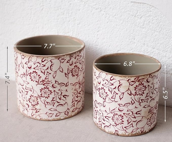 Decorative Planter Cachepot for Indoor Plants & Artificial Flowers, Terracotta Pots Vintage Rustic Ceramic Flower Pots, French Country Style for Bookshelf & Tabletop Home Decor, Gift (Burgundy)